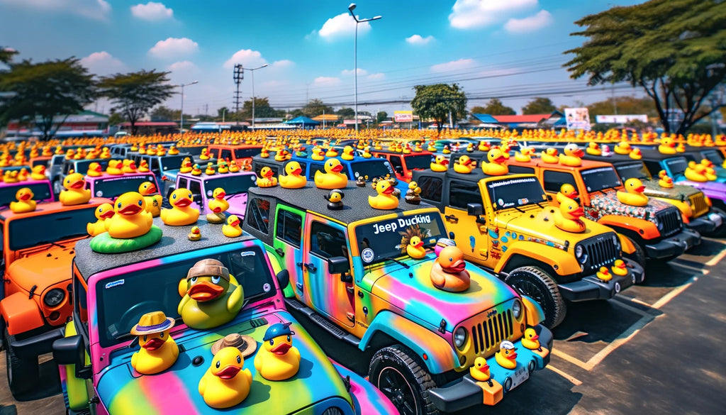 Here is an image depicting the playful and colorful scene of the 'Jeep Ducking' trend.