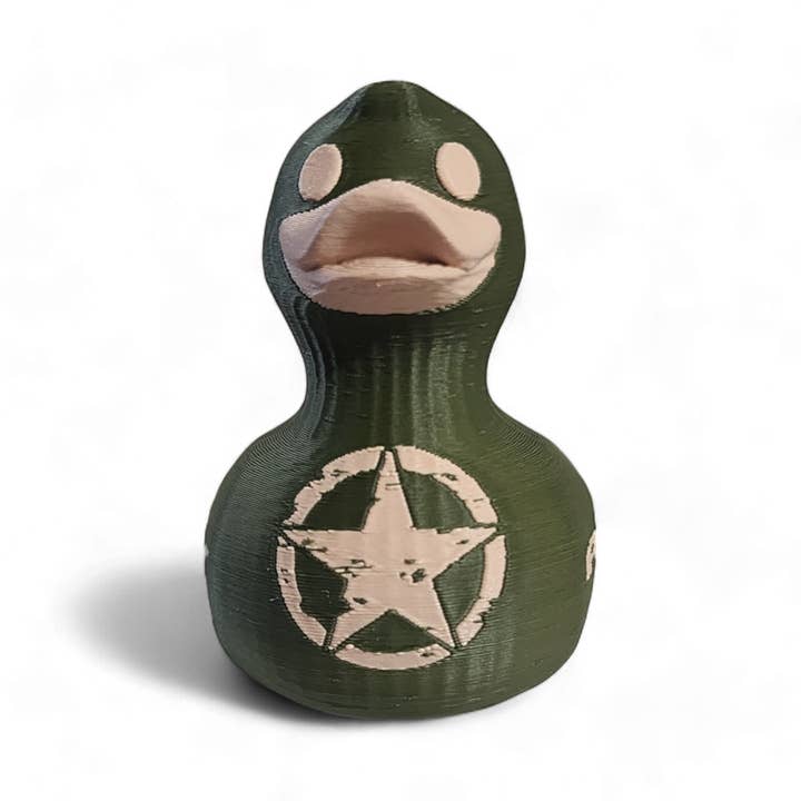 Supplier side view of Army duck collectible
